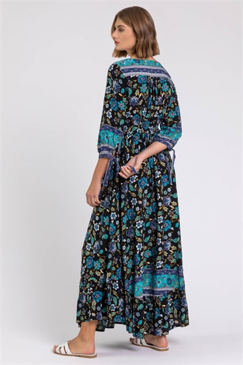 Floral Border Print Maxi Dress In Black Roman Originals UK