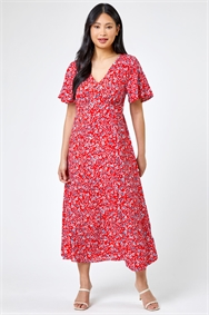 Petite Floral Ruched Wrap Dress In Red Roman Originals UK