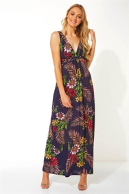 Palm Print Twist Waist Maxi Dress In Navy Roman Originals UK