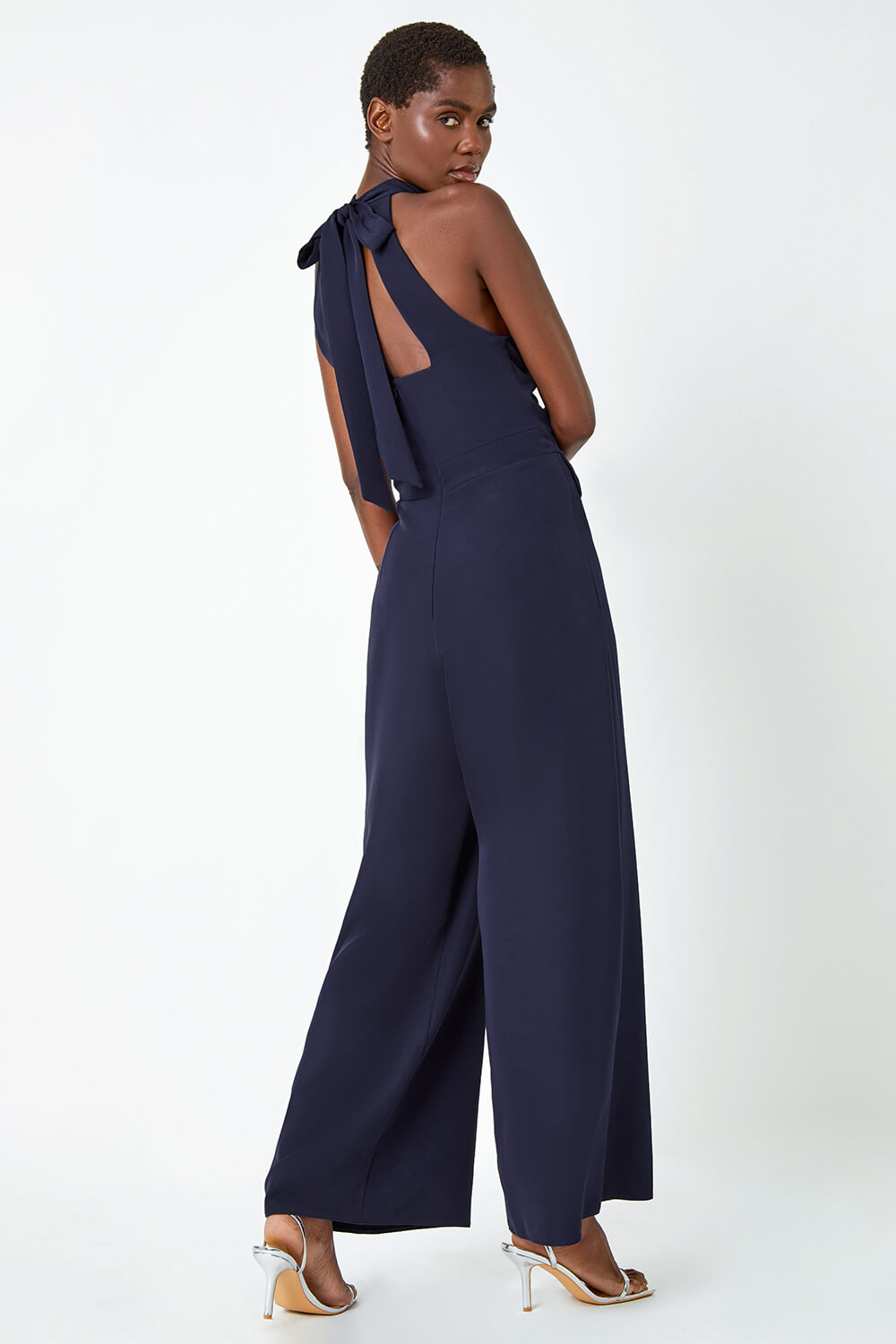 Navy Pleated Halter Neck Wide Leg Stretch Jumpsuit Roman Uk