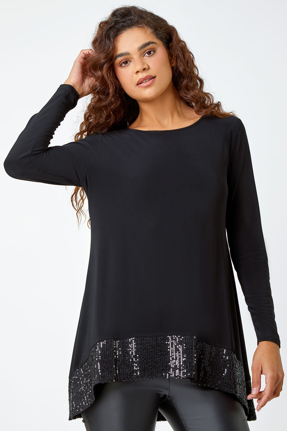 Black Sequin Hem Tunic Stretch Top Roman UK