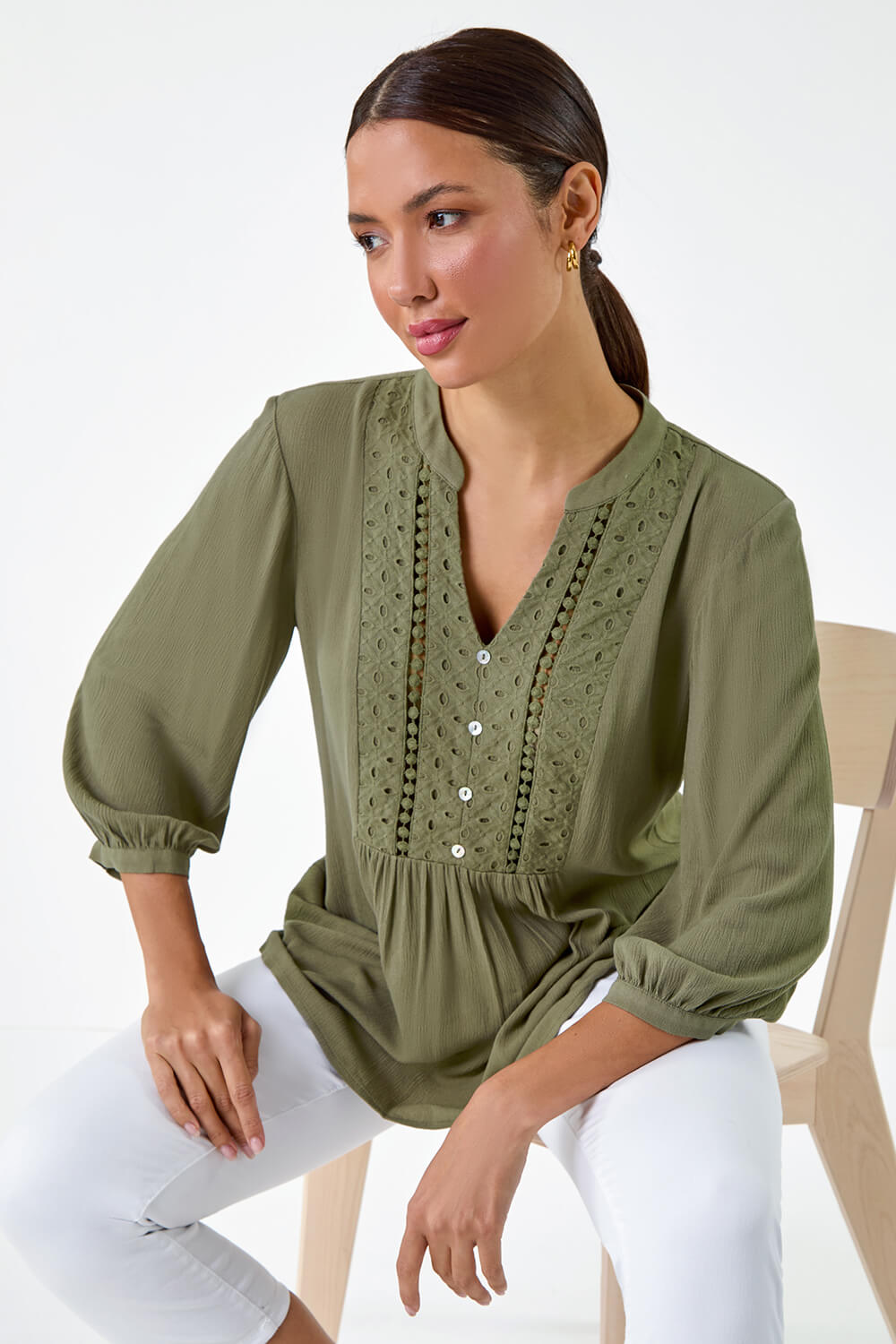 Khaki Cotton Blend Broderie Textured Top Roman Uk