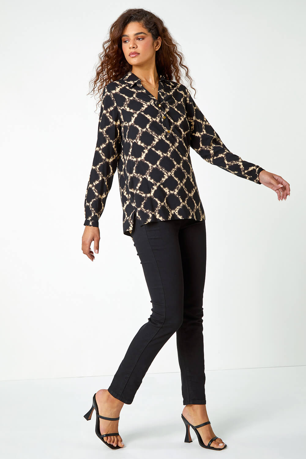 Black Chain Print Collared Top Roman UK