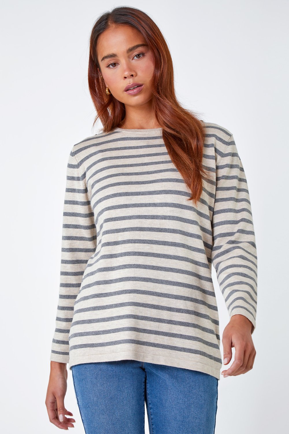 Stone Petite Stripe Button Detail Jumper Roman UK