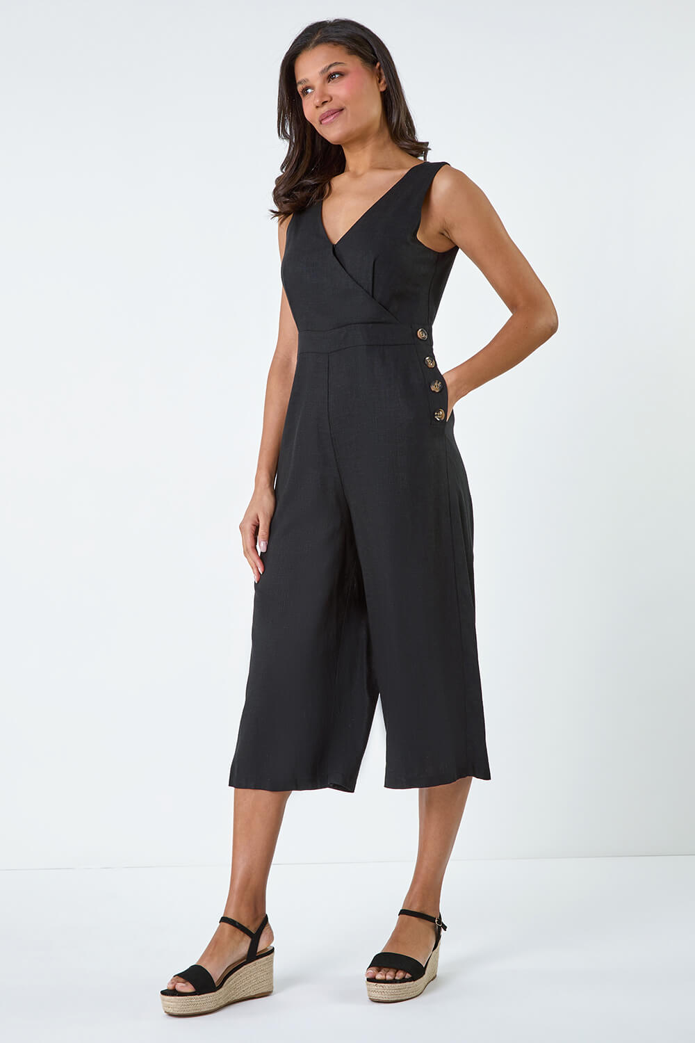 Black Button Detail Wrap Culotte Jumpsuit Roman UK