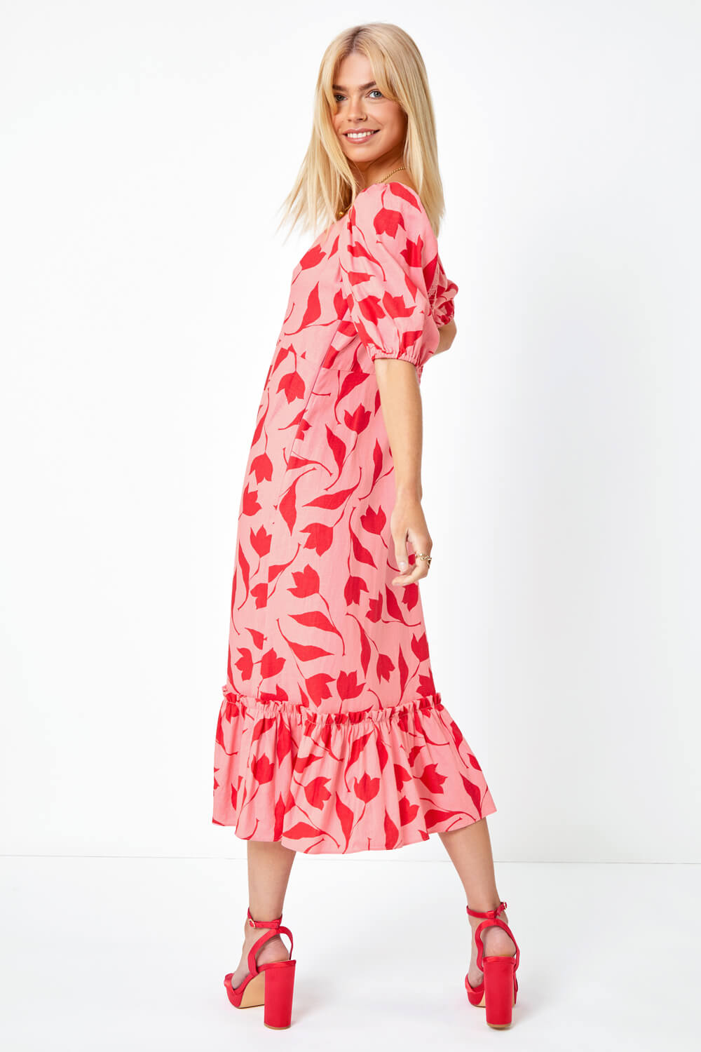 Pink Floral Print Frill Hem Midi Dress Roman UK