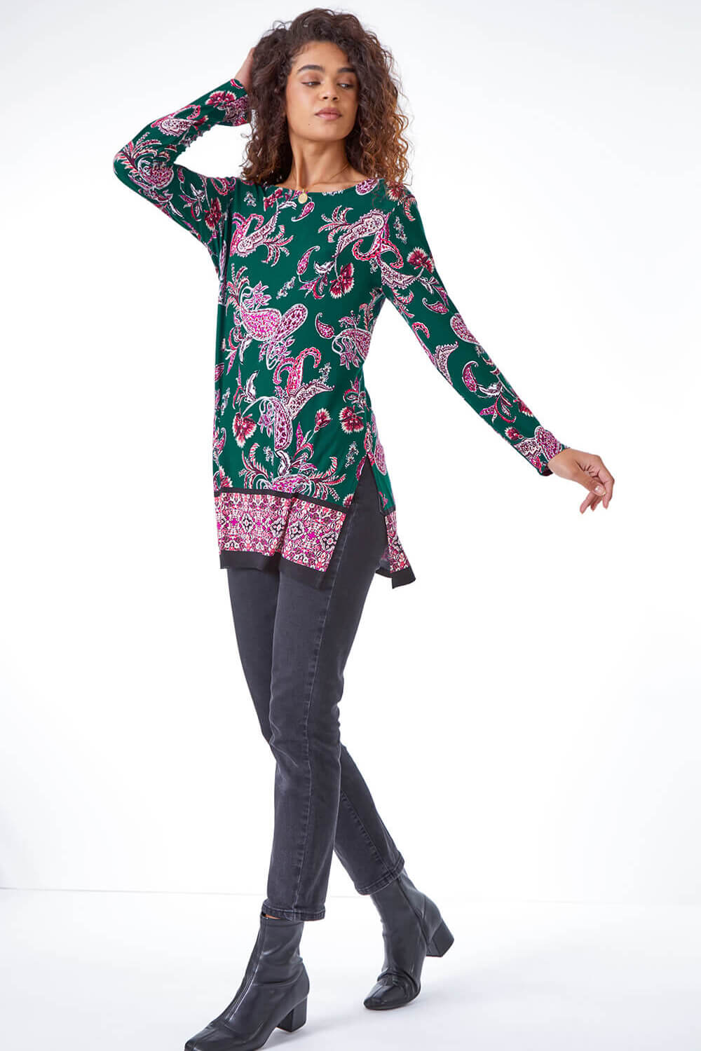 Paisley Print Longline Stretch Tunic In Green Roman Originals Uk