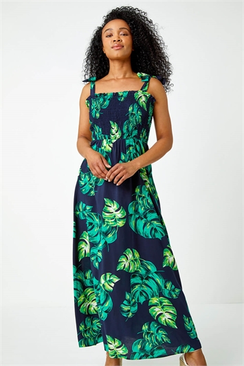 Petite Tropical Print Shirred Maxi Dress 14401160