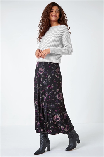 Floral Print Midi Elastic Waist Stretch Skirt 17026608
