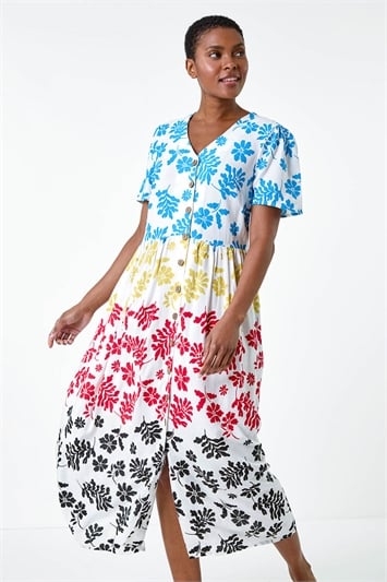 Colourblock Floral Button Tiered Dress 14537258