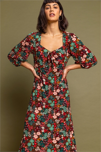 Floral Print Tie Front Midi Dress 14187181