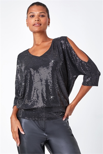 Cold Shoulder Sequin Stretch Top lc190004