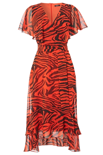 Animal Tiger Print Tie Waist Chiffon Midi Dress 14036364