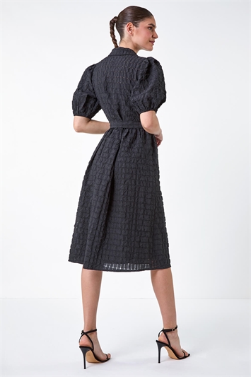 Textured Puff Sleeve Midi Shirt Dress 14596908