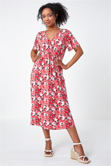 Petite Floral Shirred Stretch Midi Dress 14392778