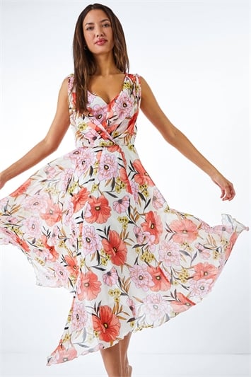 Floral Chiffon Hanky Hem Asymmetric Dress 14253664