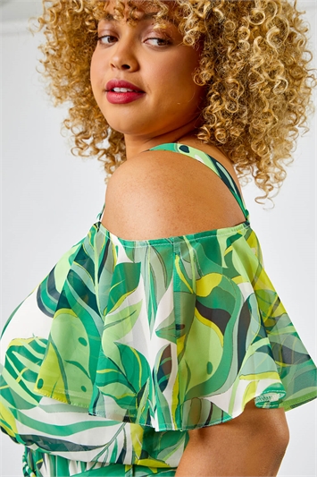 Curve Tropical Leaf Print Cold Shoulder Maxi Dress 14282634
