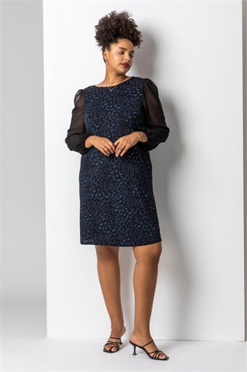 Curve Glitter Leopard Print Mesh Sleeve Dress 14176009