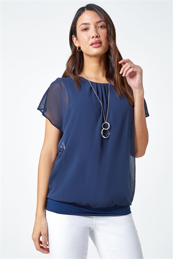 Chiffon Jersey Blouson Top with Necklace 19232060