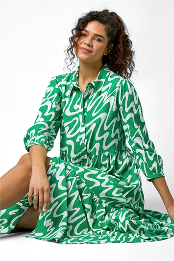 Wave Print Tiered Shirt Dress 14476434