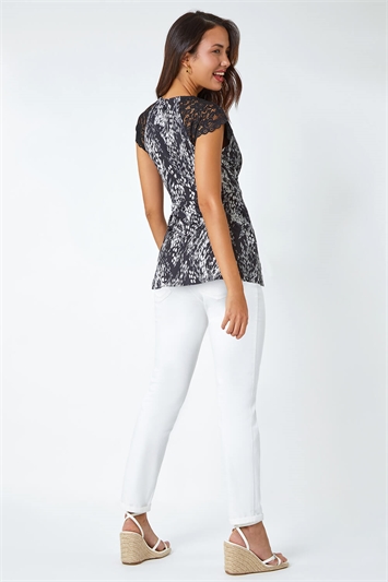 Abstract Lace Trim Stretch Wrap Top 19249608