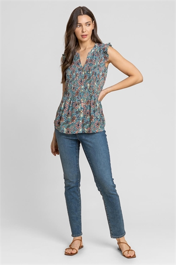 Sleeveless Frill Detail Floral Blouse 10022991