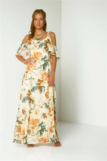 Floral Cold Shoulder Chiffon Maxi Dress 30909ora