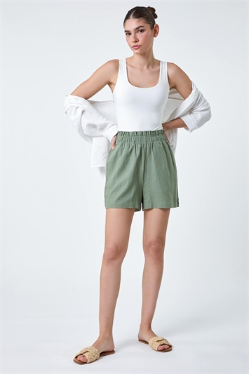 Linen Blend Elastic Waist Pocket Shorts 18059840