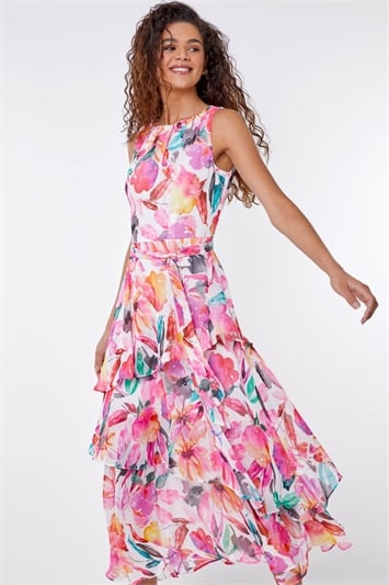 Floral Print Chiffon Frill Midi Dress 14242072