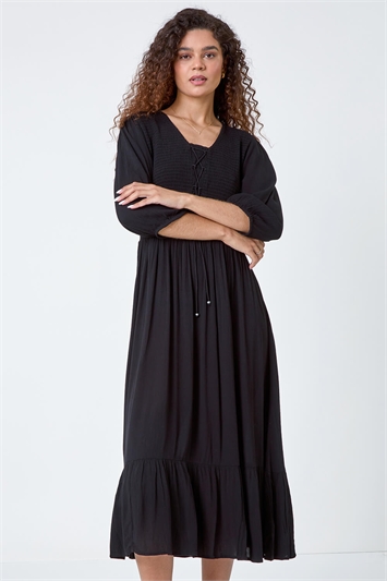Lace Up Shirred Midi Dress 14540108