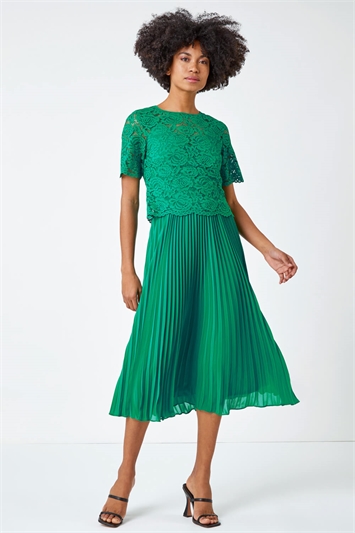 Lace Top Overlay Pleated Midi Dress 14040530