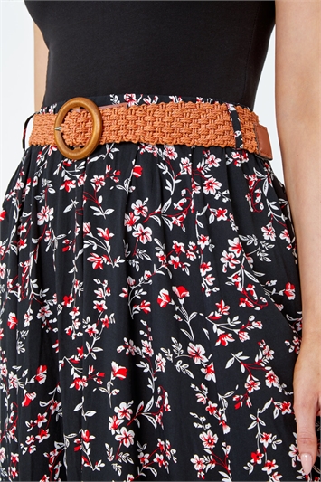 Floral Print Belted Midi Skirt 17034708