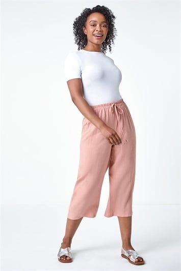 Petite Linen Mix Wide Cropped Trousers 18054407