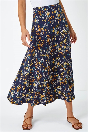 Ditsy Floral Print Elastic Waist Midi Skirt 17033960