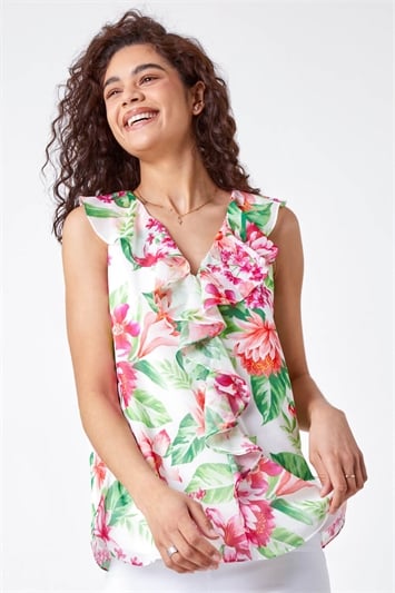 Floral Print Ruffle Front Top 20135438