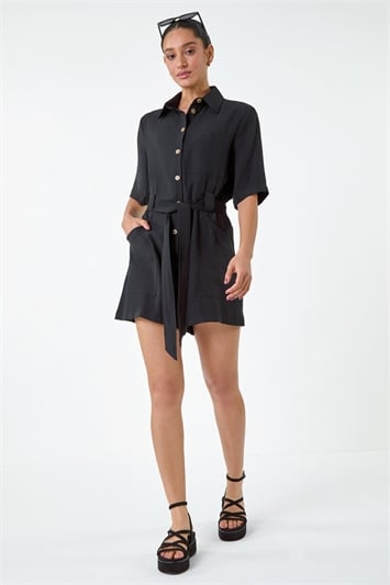 Button Through Belted Pocket Playsuit 14515308