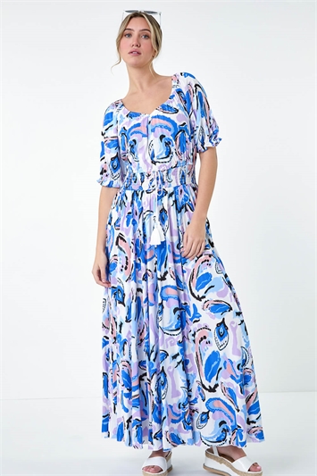 Shirred Waist Abstract Print Maxi Dress 14559609