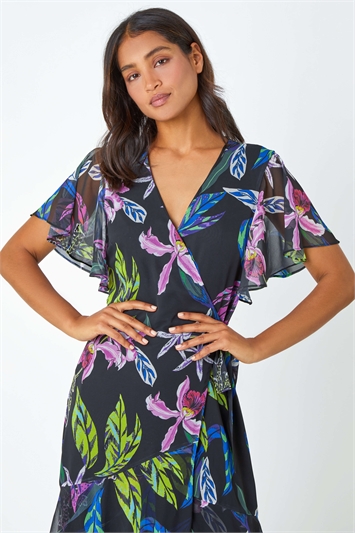 Tropical Print Tiered Midi Wrap Dress 14384308