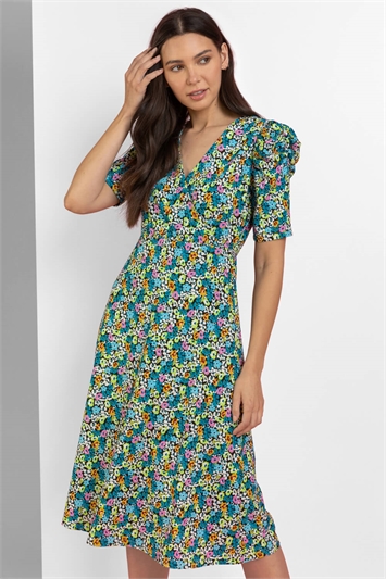 Floral Print Puff Sleeve Wrap Dress 14237709