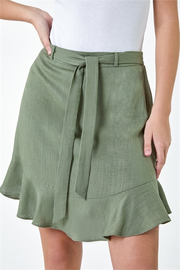 Frill Hem Linen Blend A Line Mini Skirt 17050034