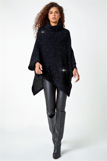One Size Rib Roll Neck Sequin Poncho 16100708