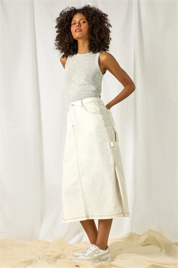 Cotton Denim Side Split Midi Skirt 17045159