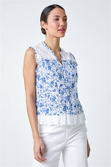 Cotton Floral Print Broderie Crinkle Blouse 10123109