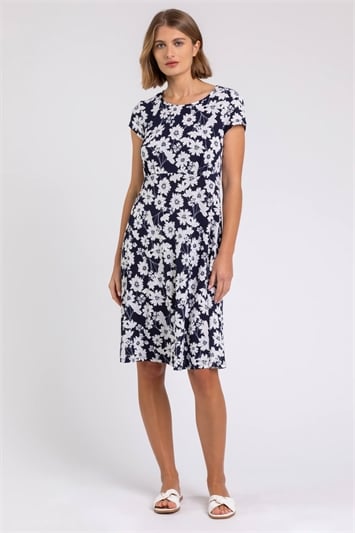 Navy Floral Print Stretch Jersey Tea Dress - Roman UK
