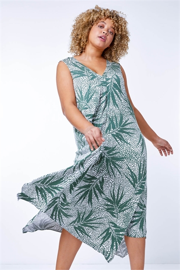 Curve Leaf Print Hanky Hem Dress 14282440