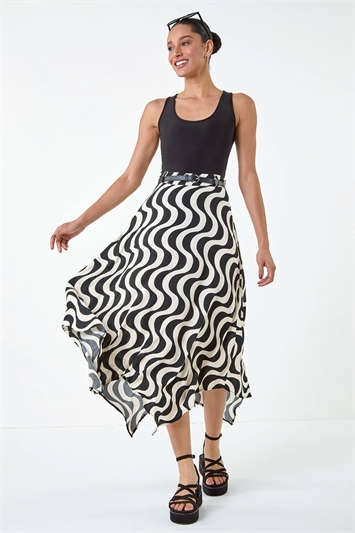 Swirl Print Belted Hanky Hem Midi Skirt 17050608