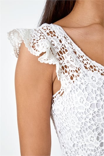 Cotton Crochet Frill Sleeve V-Neck Top 16110994