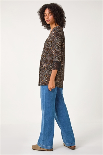 Abstract Print Lace Detail Tunic Top 19338408