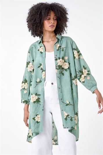 Floral Cotton Blend Longline Tunic Shirt 10127882