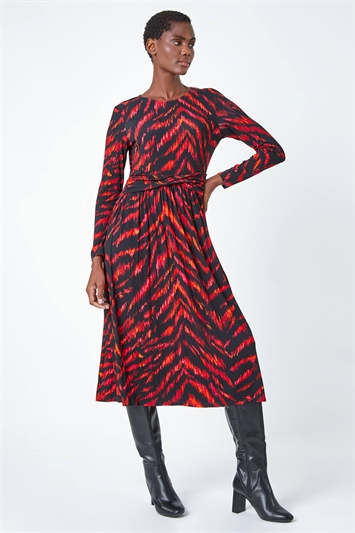 Tiger Print Twist Waist Midi Stretch Dress 14471272